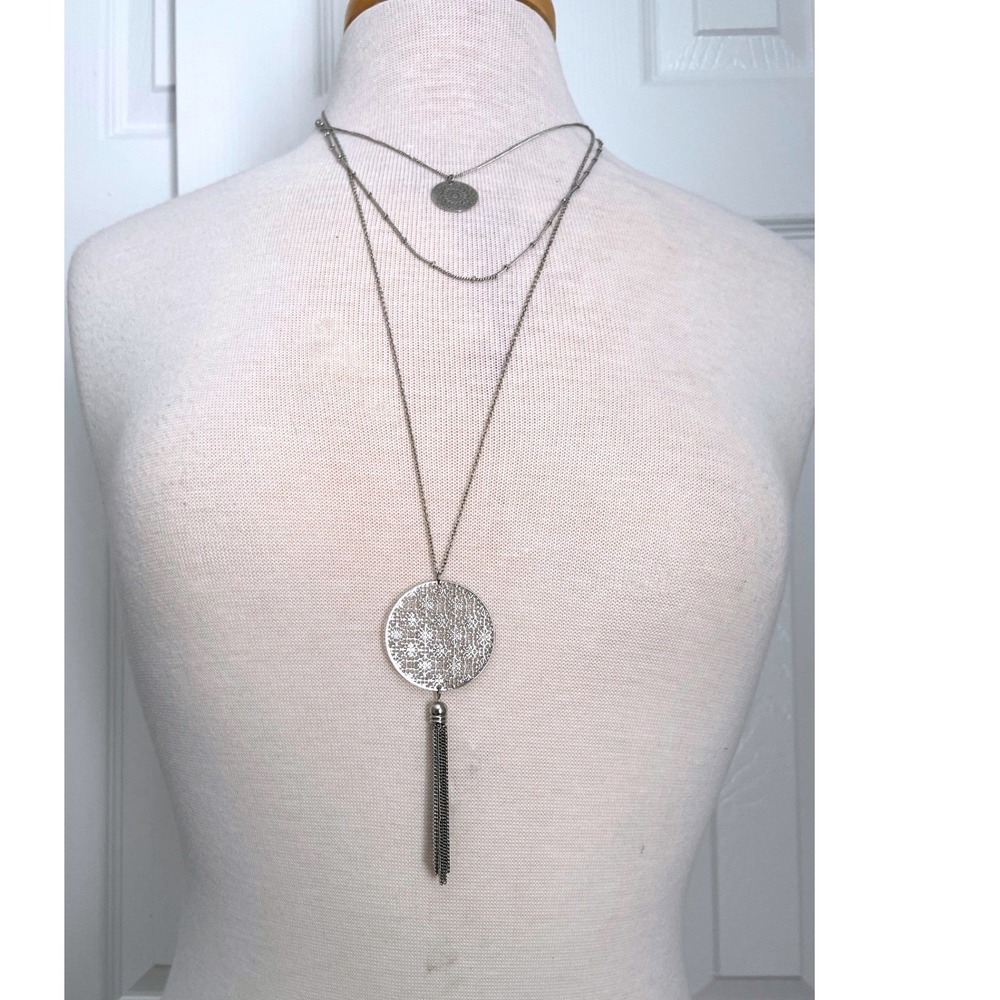 Silver Layered Tassel Necklace Boho Filigree Medallion Triple Strand Boho Chic